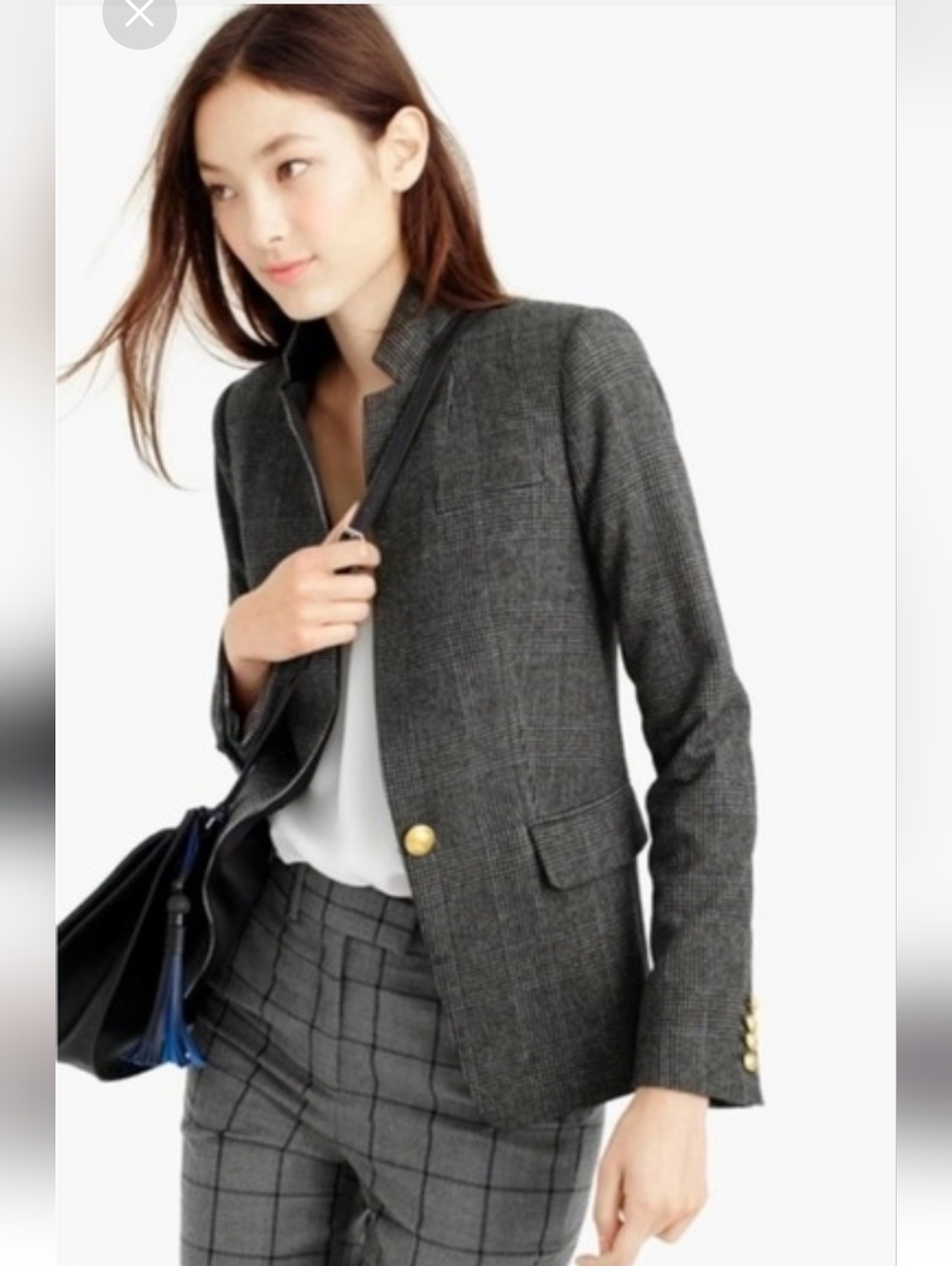 J. Crew Wool Regent Glen Plaid Single-Button Blazer Gold Button Grey 8